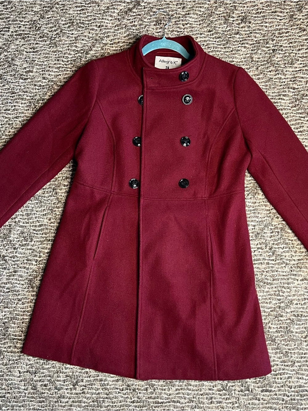 Allegra K Women's Wine Red Double-Breasted Pea Coat